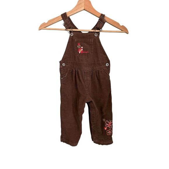 VTG Oshkosh B’Gosh Brown Corduroy Overalls Floral & Butterfly Embroidery 18 mo - Picture 2 of 9